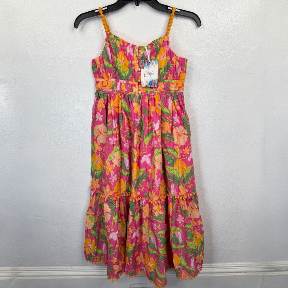 EtaVee Girls Maxi Dress Size 10 Tropical Floral Multicolor Tiered Pom Trim